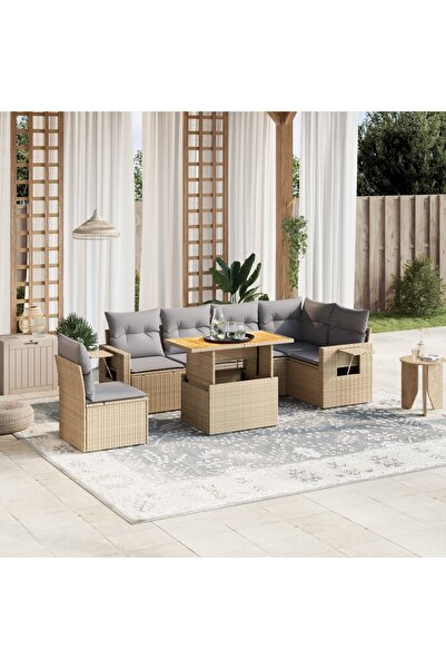 vidaxl Set canapele de gradina, 7 piese, cu perne, bej, poliratan