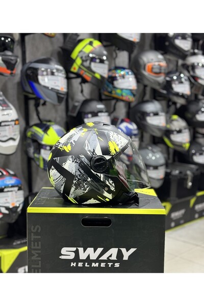 Sway Yıldız Desenli Siyah Neon Sarı Yarım kask Ece 22.05 ABS Güvenlik