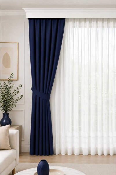 BURCIN HOME 1/3 Frequent Pleated Background Curtain Navy Blue 80X250 cm (260/...