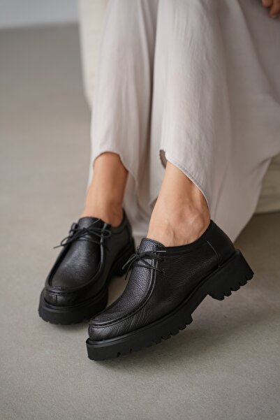 selin shoes Orsel Hakiki Deri Bağcıklı Kadın Loafer- SİYAH