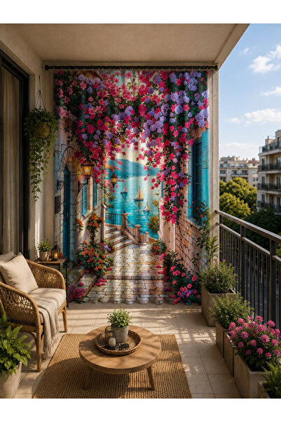 ALAMODECOR Manzara Desenli Balkon Fon Perdesi - Kornişle Uyumlu - Oturma Odas...
