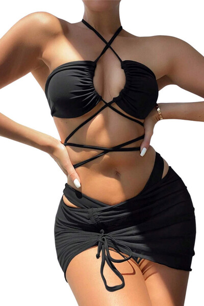 VeeShop Three-piece swimsuit, cross-strap bra and semi-sheer, pleated skirt