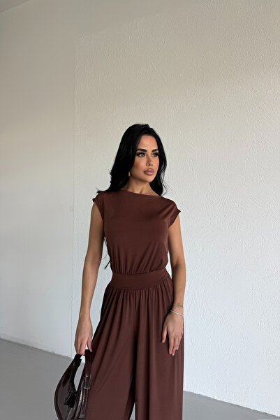 LİLA İSTANBUL Women's Brown Sleeveless Elastic Leg Shalwar Jumpsuit