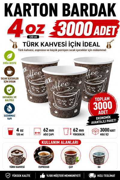 OPTİMEX 4 Oz Karton Bardak 3000 Adet 120 ml Türk Kahvesi Bardağı Tek Kullanım...