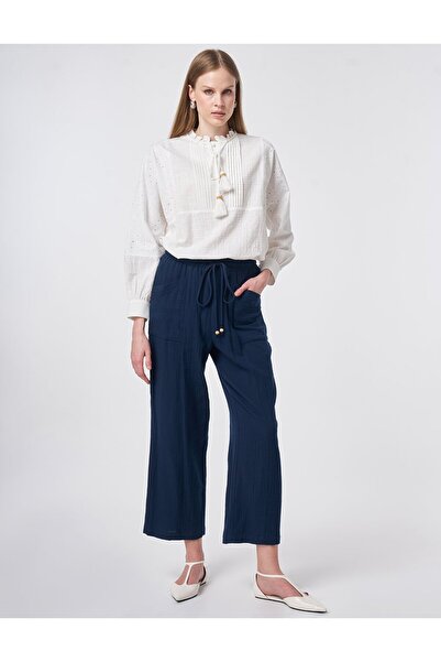 Kayra Wide Pocket Muslin Trousers Dark Navy Blue