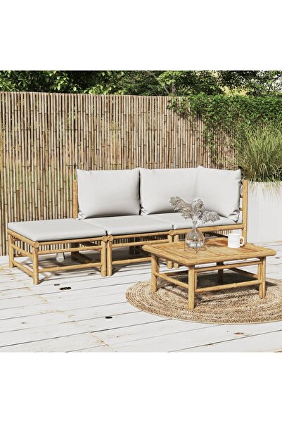 vidaxl Set mobilier de gradina cu perne gri deschis, 3 piese, bambus