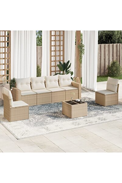 vidaxl Set canapele de gradina, 7 piese, cu perne, bej, poliratan