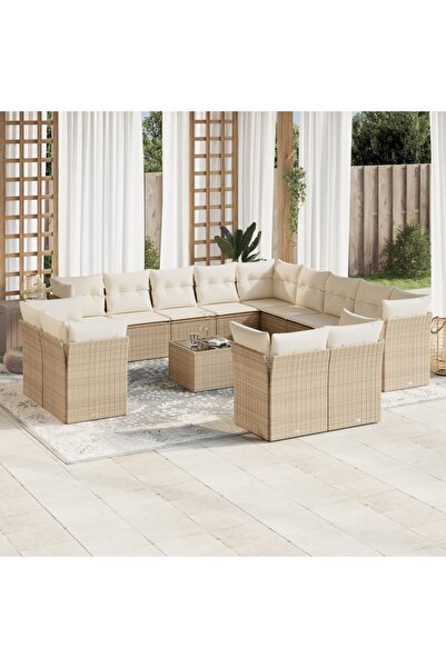 vidaxl Garden sofa set, 14 pieces, with cushions, beige, polyrattan