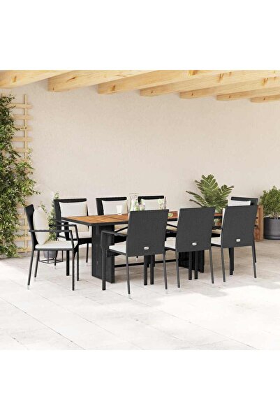 vidaxl Garden furniture set with cushions, 9 pieces, black, polyrattan