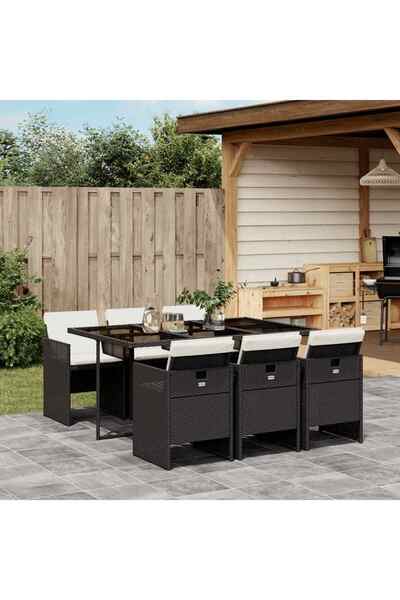 vidaxl Set mobilier de gradina cu perne, 7 piese, negru, poliratan