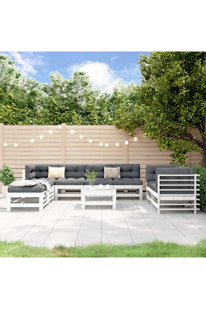 vidaxl Set mobilier de gradina, 9 piese, alb, lemn masiv pin