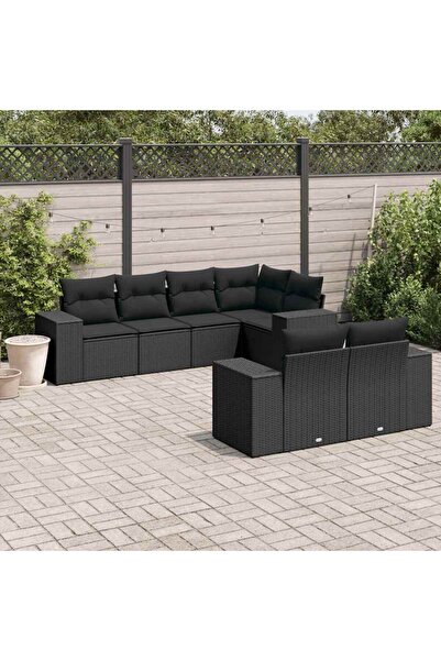 vidaxl Garden sofa set with cushions, 7 pieces, black, polyrattan