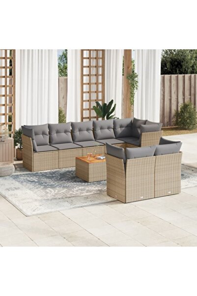 vidaxl Garden sofa set, 9 pieces, with cushions, beige, polyrattan