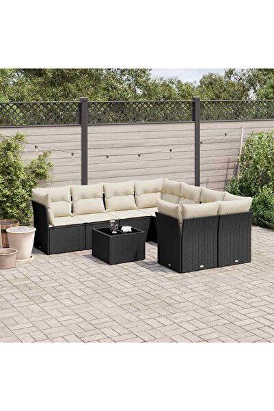 vidaxl Garden furniture set with cushions, 9 pieces, black, polyrattan