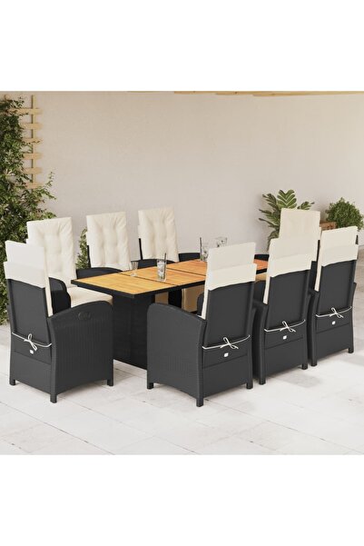 vidaxl Garden furniture set with cushions, 9 pieces, black, polyrattan