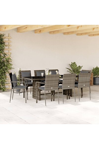vidaxl Set mobilier gradina cu perne, 9 piese, gri, poliratan