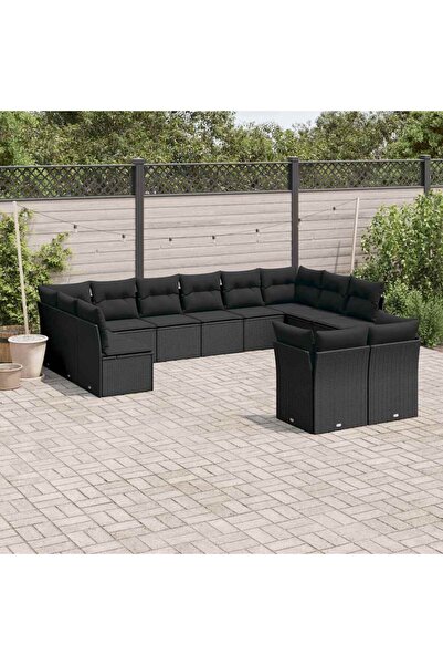 vidaxl Garden sofa set, 12 pieces, with cushions, black, polyrattan