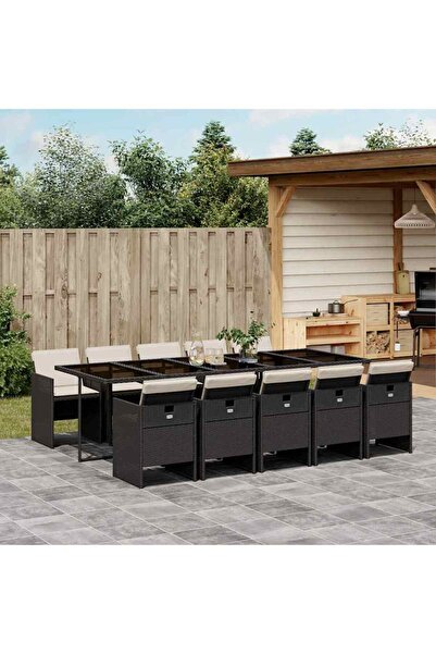 vidaxl Outdoor furniture set with cushions, 11 pieces, black, polyrattan