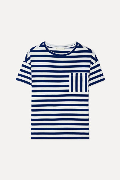 Mudo Women's Navy Blue Striped Open Collar T-Shirt