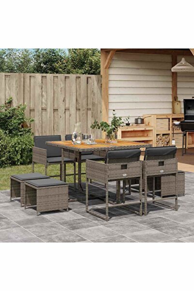 vidaxl Set mobilier gradina cu perne, 9 piese, gri, poliratan