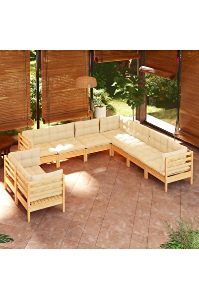 vidaxl Set mobilier gradina cu perne crem, 9 piese, lemn masiv de pin