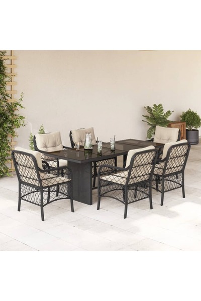 vidaxl Garden furniture set with cushions, 7 pieces, black, polyrattan