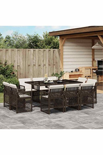 vidaxl Set mobilier de gradina cu perne, 11 piese, maro, poliratan