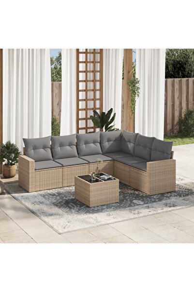 vidaxl Set canapele de gradina, 7 piese, cu perne, bej, poliratan