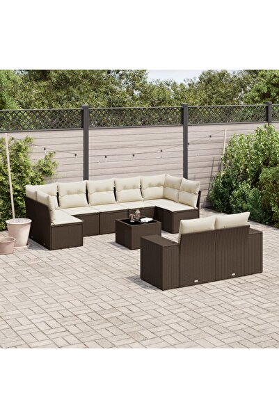 vidaxl Garden sofa set with cushions, 10 pieces, brown, polyrattan