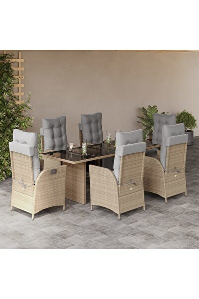 vidaxl 7-piece garden furniture set with cushions, beige, polyrattan