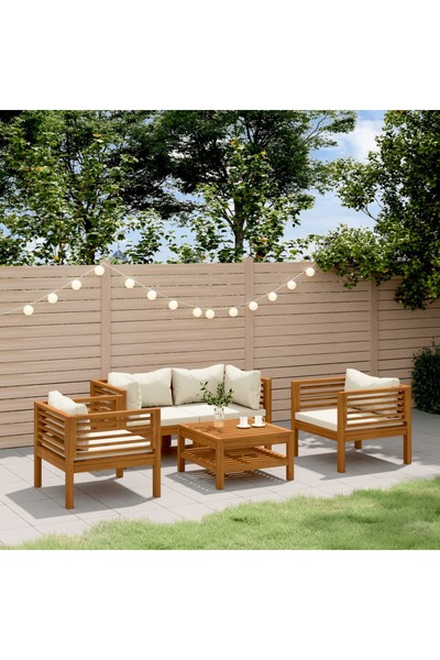 vidaxl Set mobilier gradina cu perne crem, 5 piese, lemn masiv acacia