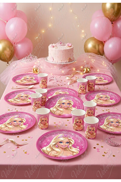 VELONZAL Prenses Barbie Temalı Parti & Kutlama-Doğum Günü Tabak+Bardak-8 Kişilik