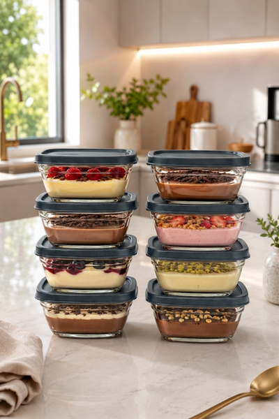 ZURİ DESİGN 8-Piece Square Glass Pudding Bowl with Lid Storage Container Anth...