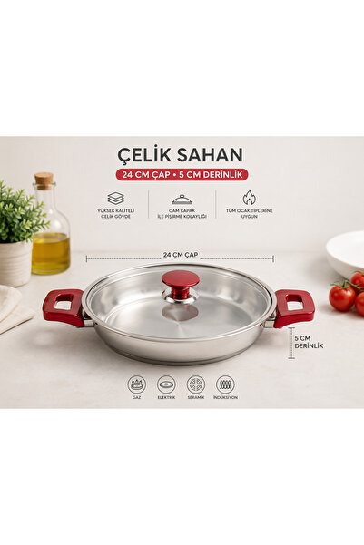 Net Çelik 24 cm Cam Kapaklı Bakalit Saplı Çelik Sahan