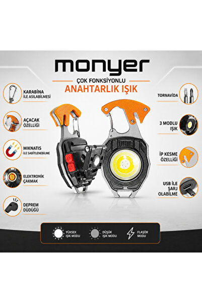 Monyer Çok Amaçlı Işık LED Anahtarlık Fener Açacaklı Tornavidalı Acil Durum L...