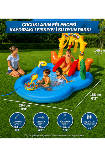 LRS STORE Büyük Boy Kaydıraklı Fıskiyeli Vahşi Batı Su Oyun Parkı Şişme Bebek...