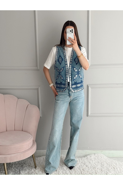 mervekiymatco Etnik Desenli Taş İşlemeli Denim Yelek