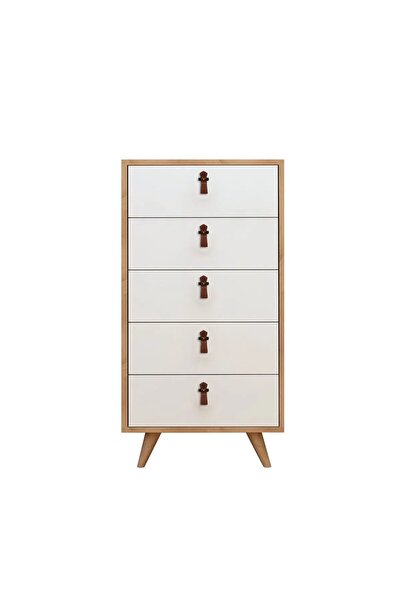 OEM Comodă de dormitor 50x40x103 cm – 5 sertare, MDF de 18mm, Mânere din piel...