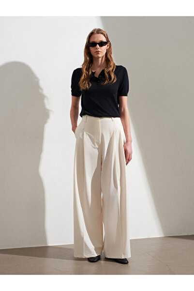 Dilvin 72701 Wide Leg Pants with Pen Detail - Ecru