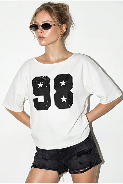 Bianco Lucci Women's Boat Neck Printed Oversize 100% Cotton T-Shirt Öt100005 ...