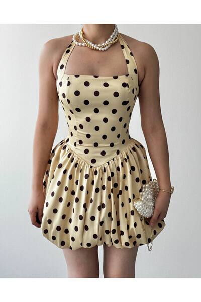 D'RECCY Women's Satin Tie-Neck Mini Bubble Dress with Polka Dots, Stylish Dress