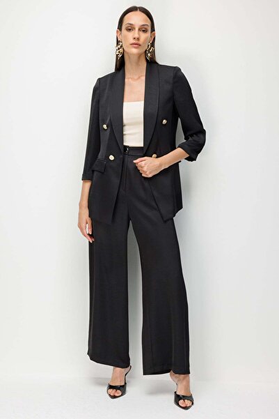 Ekol Elastic Waist Pleated Wide Leg Trousers