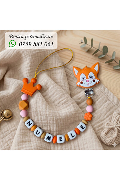 OEM Lantisor pentru suzeta, personalizat cu numele bebelusului, Vulpe