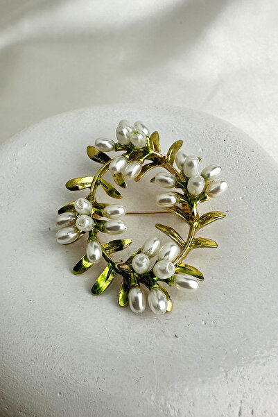 Modex Altın Sarısı İnci Ve Yaprak Detay Çiçek Çelenk Broş (5cm)