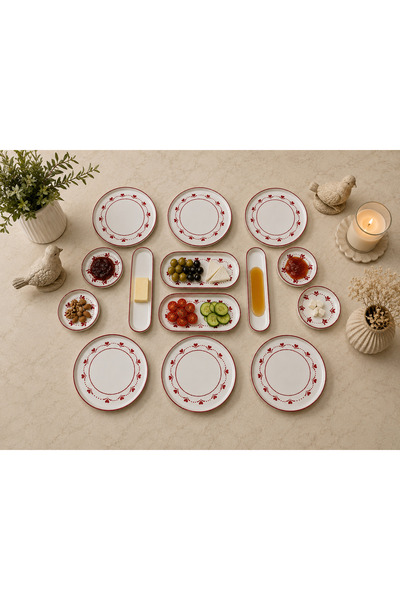 Yasvera Ceramics Kalp Desenli Kahvaltı Takımı / 14 Parça