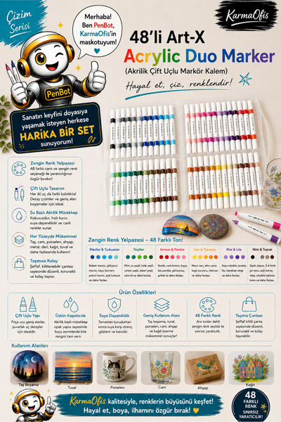 KarmaOfis 48’li Art-X Acrylic Duo Marker Akrilik Çift Uçlu Markör Kalem Seti ...