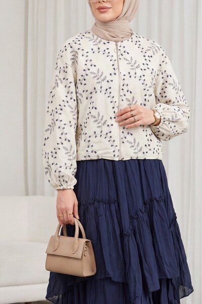 Modamorfo Round Neck Zippered Embroidered Linen Jacket with Pockets - Stone C...