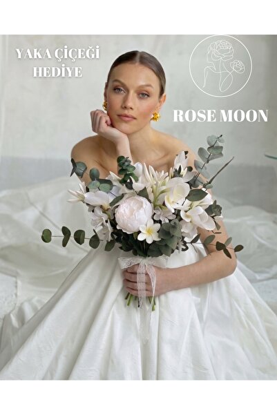 Tasarım ROSEMOON - Beyaz Şakayık Premium Çiçek Gelin Buketi - Yaka Çiçeği Hed...
