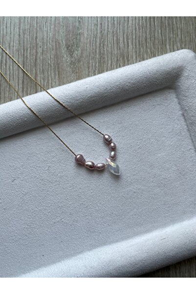Pel Design Real Purple Pearl Crystal Detailed Steel Necklace Handmade