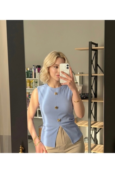 aslimboutique Gold Düğme Detaylı Fitilli Triko Bluz